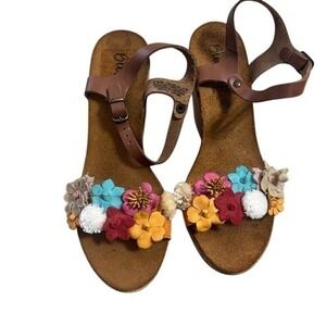 Biostep Womens Wedge Sandals Brown Leather Floral Embellished Ankle Strap Sz 10